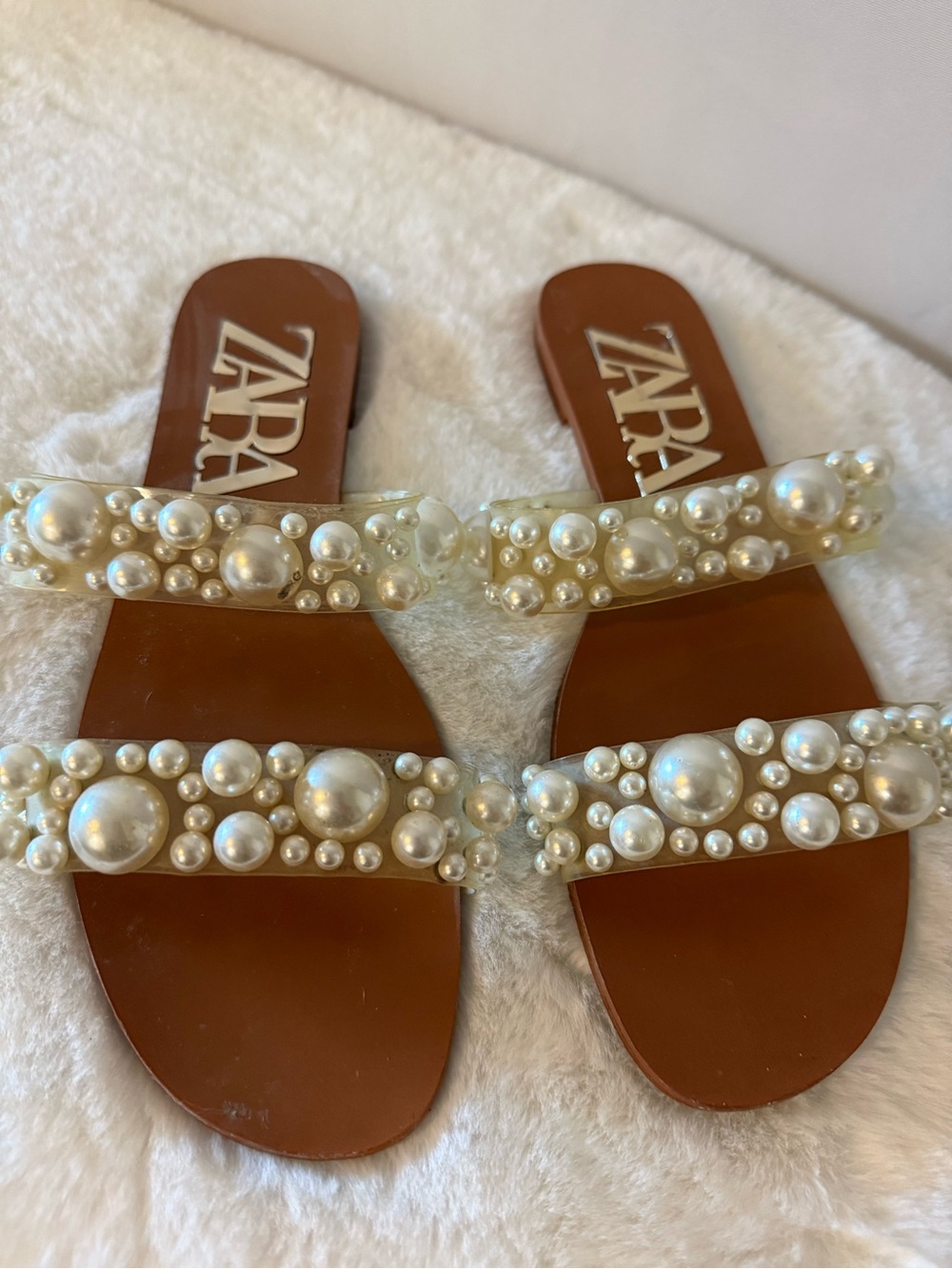 ZARA Brown Slide Sandals with Pearl-Embellished Ivory Straps